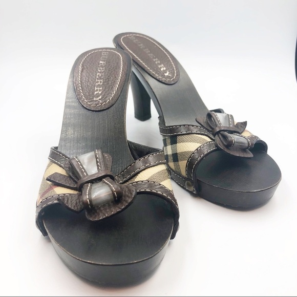 Burberry Nova Check Heels Sandal 37 Wood Open Bow - Picture 3 of 7